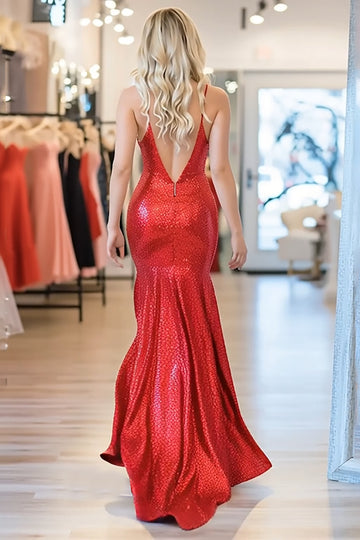 Sparkly Red Sweetheart Mermaid Sequin Long Prom Dress with Slit